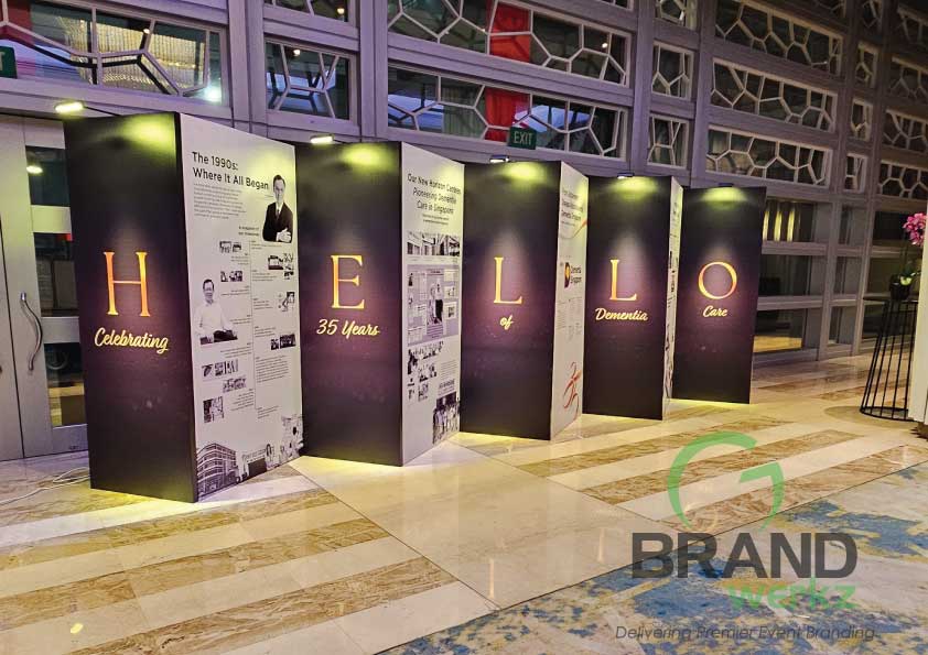 Branded event venue entrance panels installed for a corporate event
